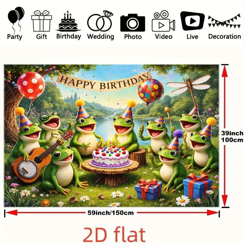 2D Cartoon Frosch Geburtstag Hintergrundtuch, Outdoor Natur Wandbehang