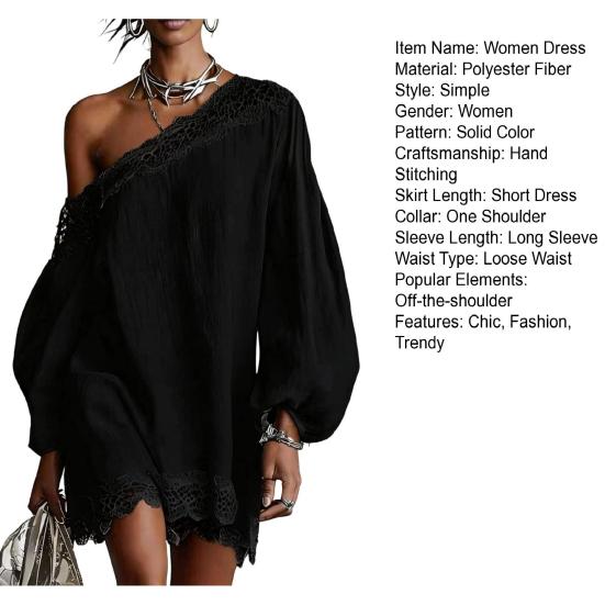 Women Off One Shoulder Loose Mini Dress, Batwing Long Sleeve Lace Trim Club Party Cocktail Dress, Summer Vacation Wedding Guest Dress