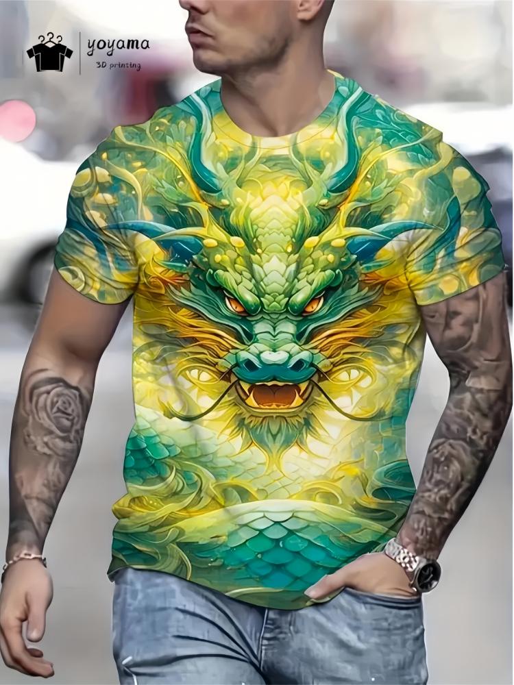 Summer Round Neck 3D Print Top Fashionable Casual Short Sleeved Dragon Pattern Men's T-shirts