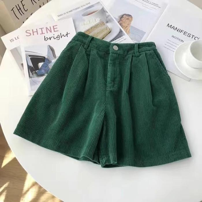 

Corduroy Women s Cargo Shorts Autumn Winter High Waist Wide Leg Shorts Casual Vintage Female Trousers Fashion XS зелений