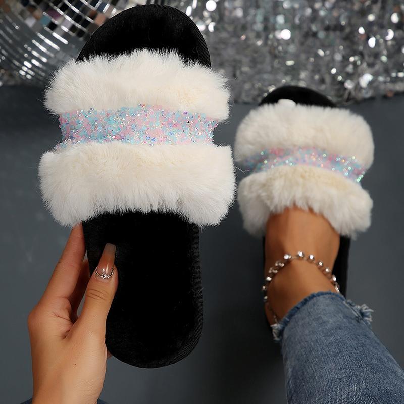 Luxury Women's Fluffy House Slippers Bling Crystal Decor Faux Fur Slides Woman Autumn Winter Open Toe Non Slip Plush Slippers