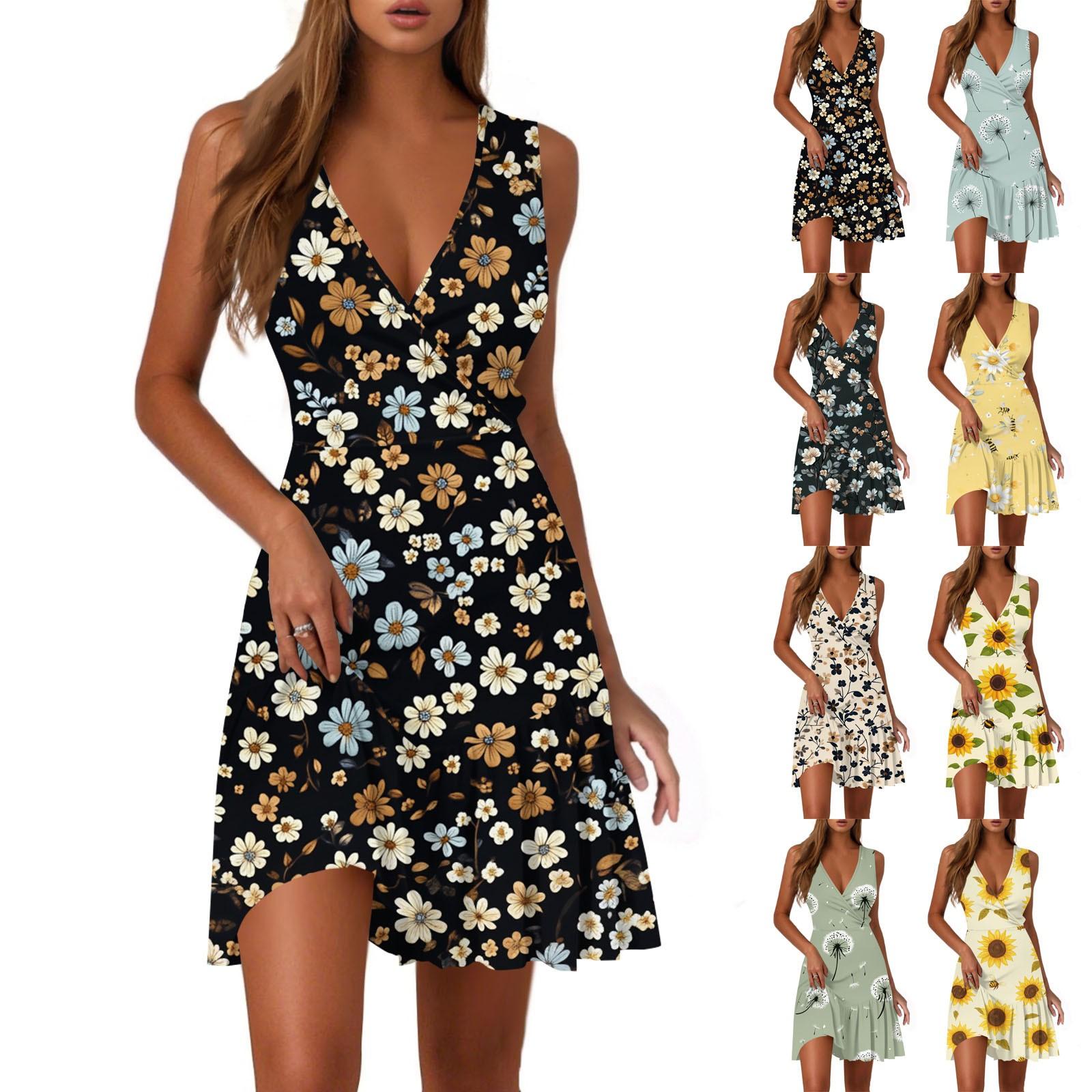 

Ladies Casual Fashion V-Neck Sleeveless Print Dress L Темно-синій