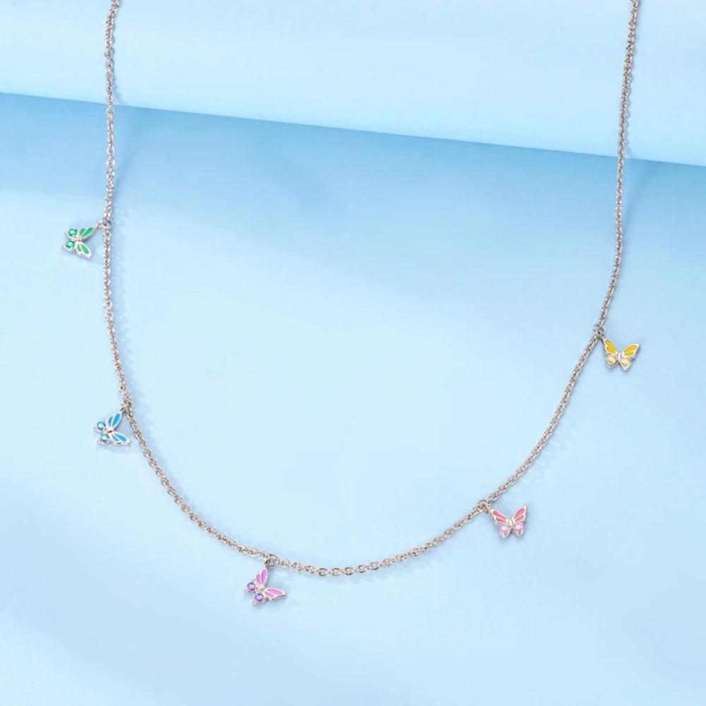 925 Silver Lucky Unicorn Necklace with Butterfly Firefly Bear Paw Print Zircon Chain Link Heart Jewelry for Women