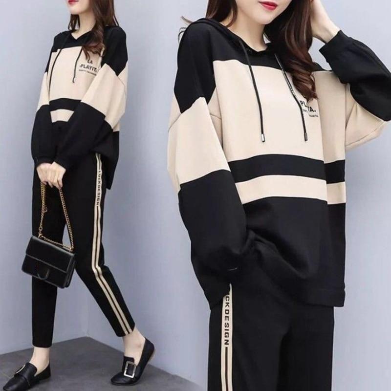 Costum ocazional, cu glugă, cu glugă, cu gât rotund, pantaloni casual în nouă puncte, două piese, femei