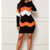 Abito Lungo Caldo Patchwork Elegante da Donna Autunno Inverno Abito Maglione a Coste Pullover Casual Mini Abiti