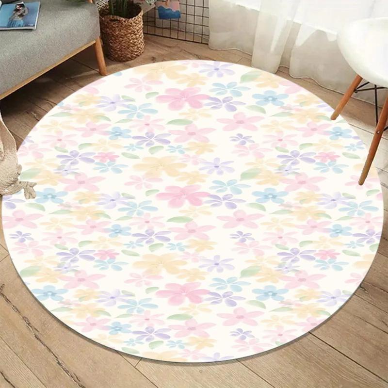 Vintage Garden Floral Round Area Rug, Watercolor Pink Flower Print Carpet, Non-Slip Bedroom Floor Mat, Cottagecore Home Decor