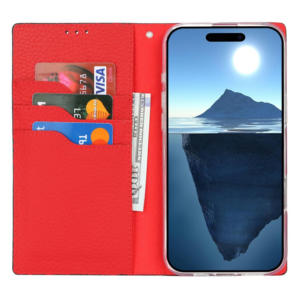 For iPhone 16 Pro Max Wallet Case Genuine Cow Leather Phone Cover Litchi Texture