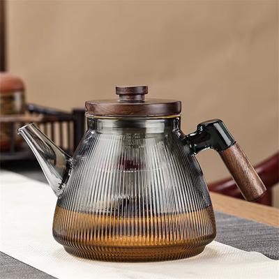 Gestreifte Teekanne aus Borosilikatglas mit Walnussgriff, zum Kochen und Dämpfen, doppelt verwendbare Teekanne aus Glas, Teekessel, Teegeschirr