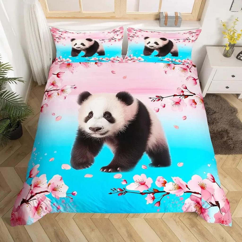Panda Duvet Cover Cute Cartoon Animal Bedding Set Green Bamboo Print Comforter Cover Lovely Wild Animal Panda Bedspread Cover