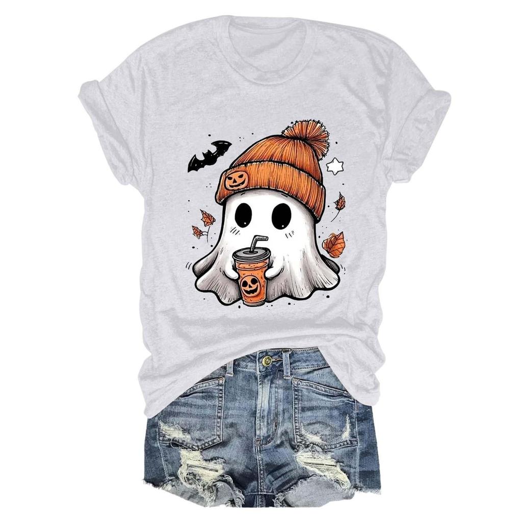 Women's fashionable casual short-sleeved Halloween printed round-neck top