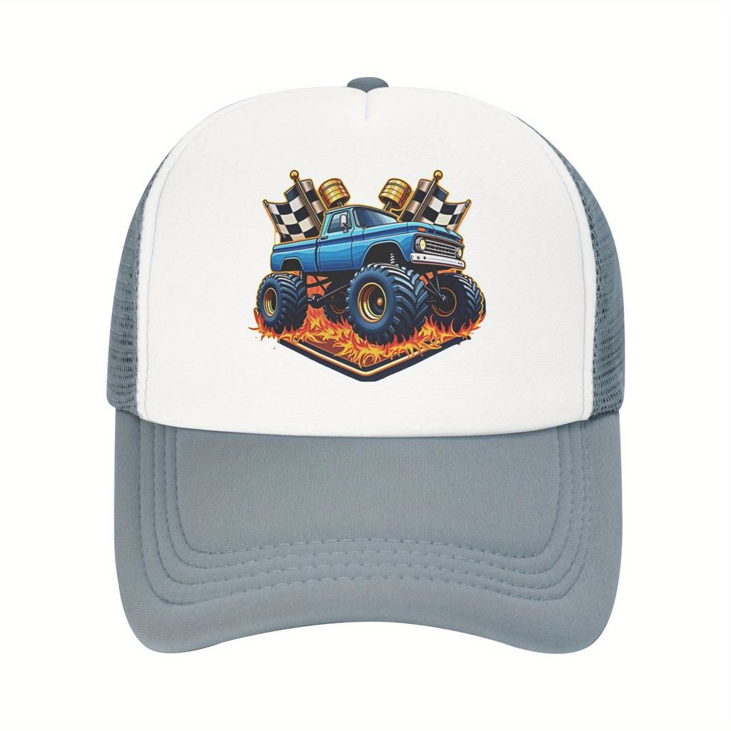 Boné Trucker com Chamas de Monster Truck e Bandeiras Quadriculadas, Tela Respirável, Boné de Basebol para Fãs de Automobilismo