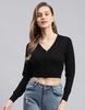 Womens Black Solid V Neck Full Sleeves Blouse Sweater Top