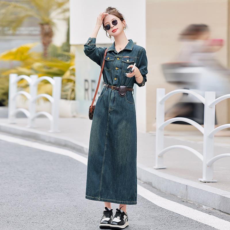 

Осеннее джинсовое платье миди А-силуэта 2023 года с маленькими лацканами и длинными рукавами Extra Large