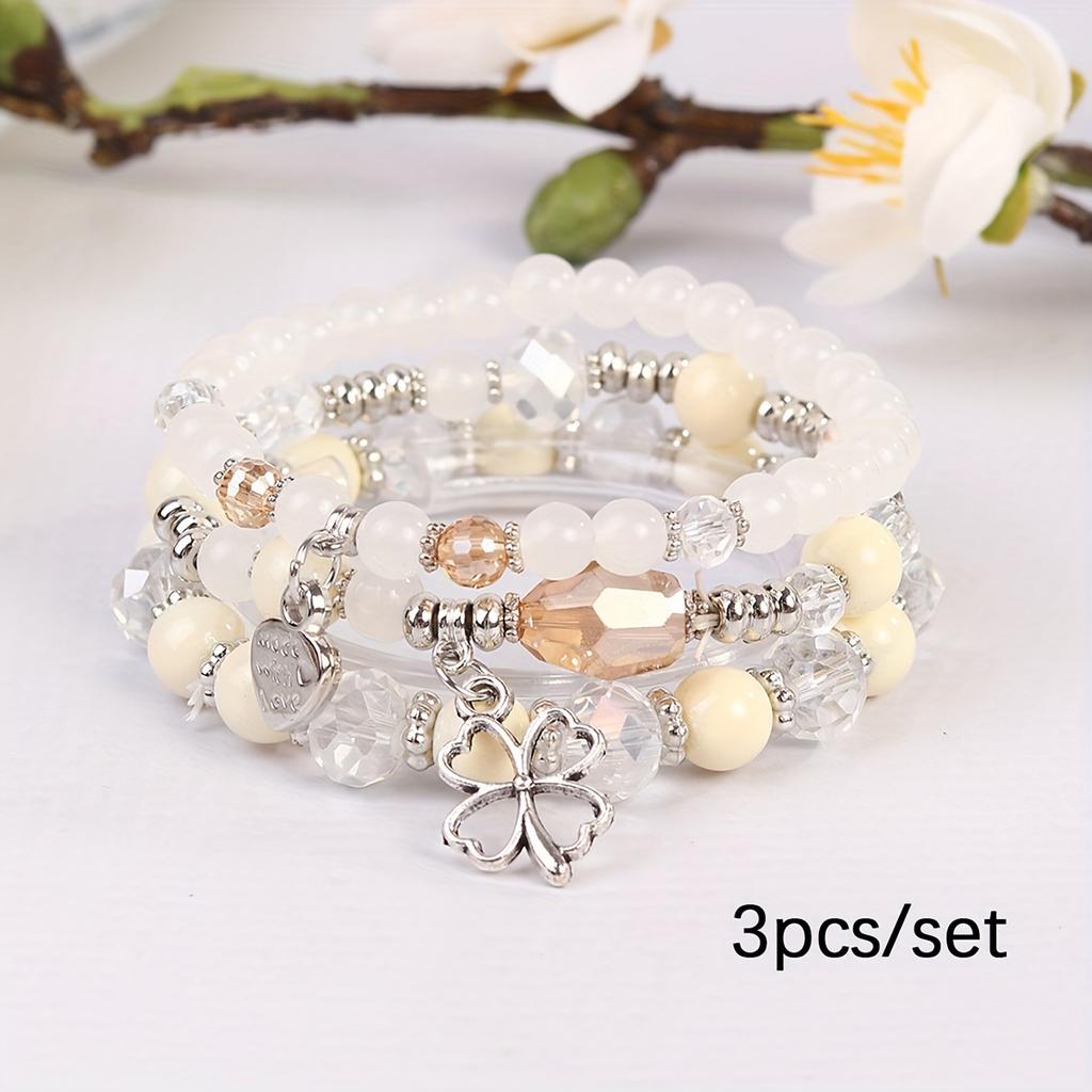 3er Set Bohemian Schmuck mit Schleifen- und Herzdesign, Handgefertigtes Perlen-Trend-Mehrlagenarmband für den Alltag