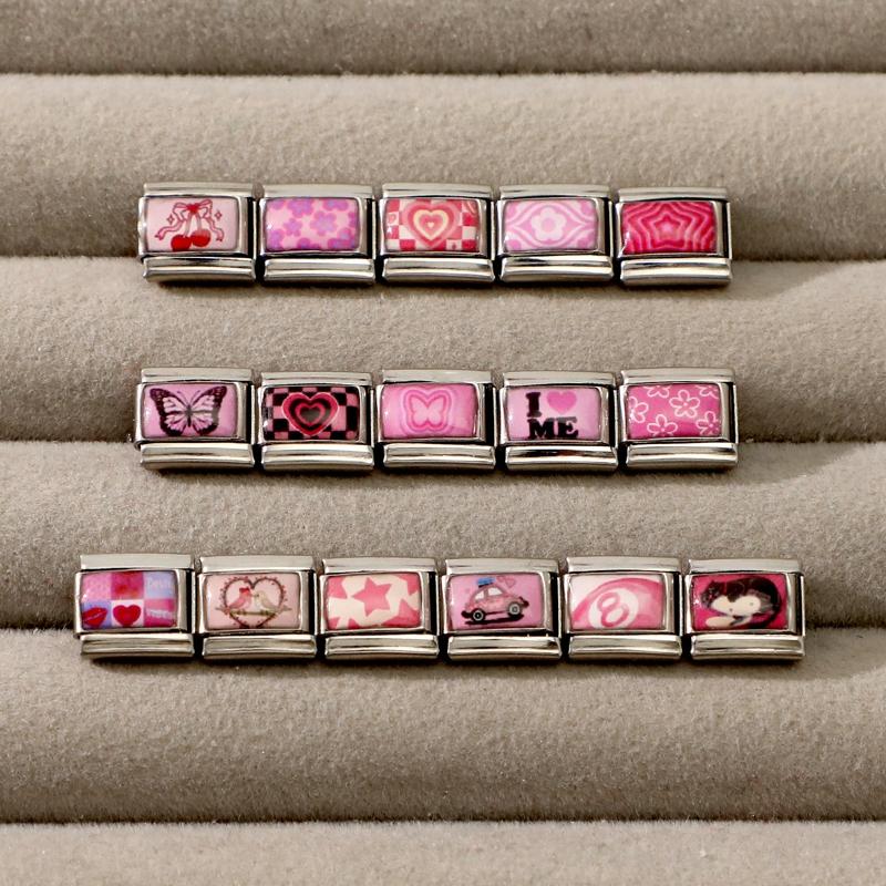 Fashion Pink Printing Cute Dog Cherry Butterfly Ball Italian Charm Links Fit 9mm Stainless Steel Bracelet Girls' DIY Making Gift