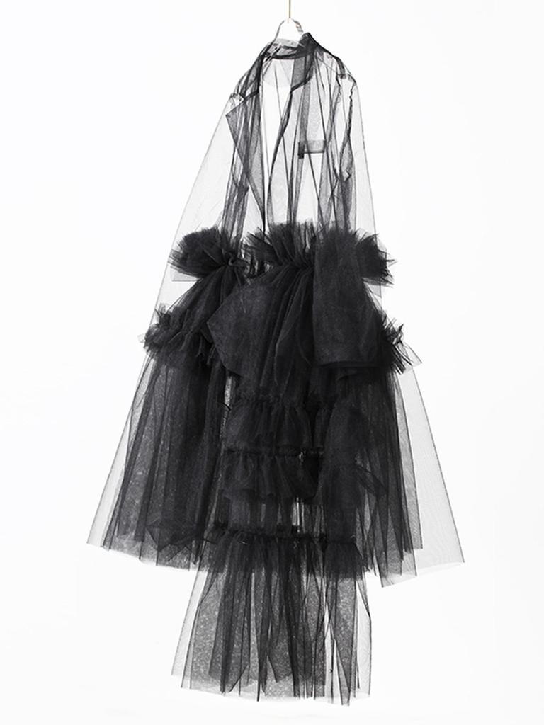 European Design Sheer Mesh Skirt Suit Collar Multi-Layer Patchwork Dress