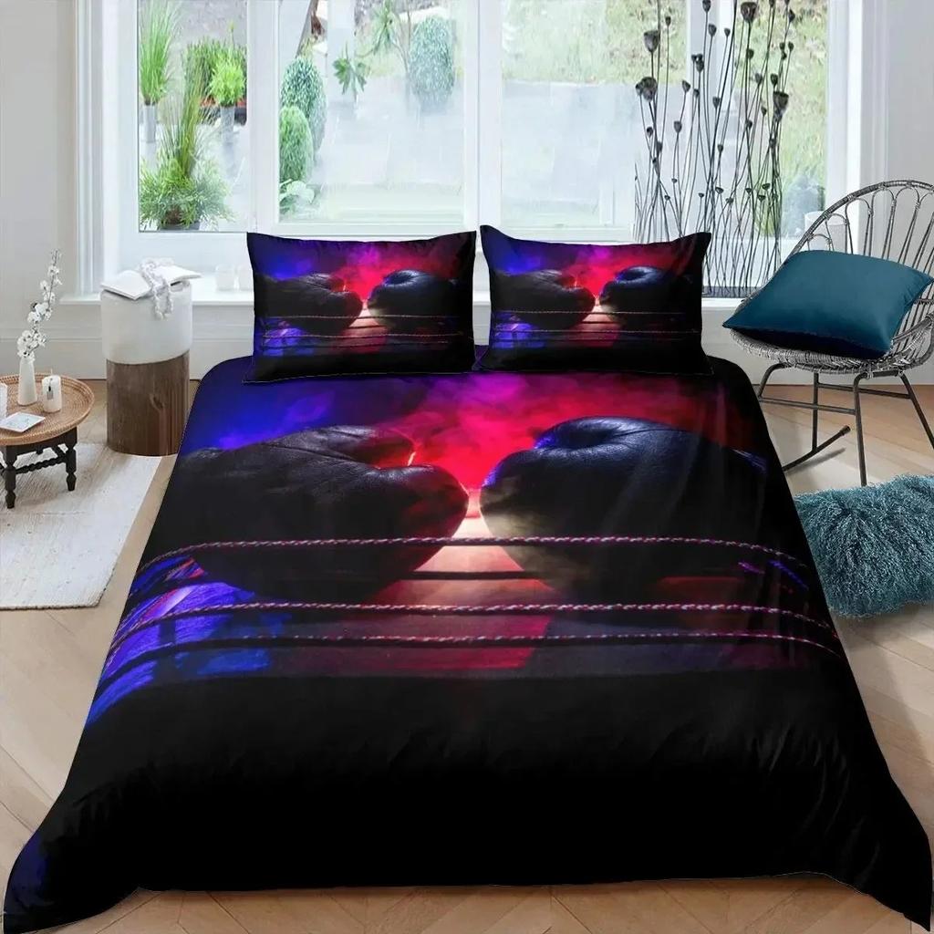 Microfiber Boxing Gloves Athlete Silhouette Queen King Take That Punch Boxing Duvet Cover Sports Games Theme Twin Bedding Set