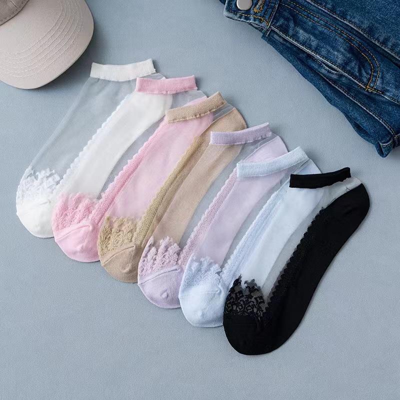 Women Socks Summer New Flower Lace Ankle Socks Soft Silk Thin Transparent Solid Cute Lolita Socks