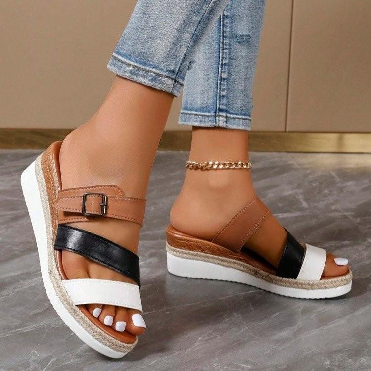 

Fashion High Heel Fashion Sandals Slope Design Soft Fashion Versatile Round Toe Colorblock Metal Buckle Platform Shoes 35 белый