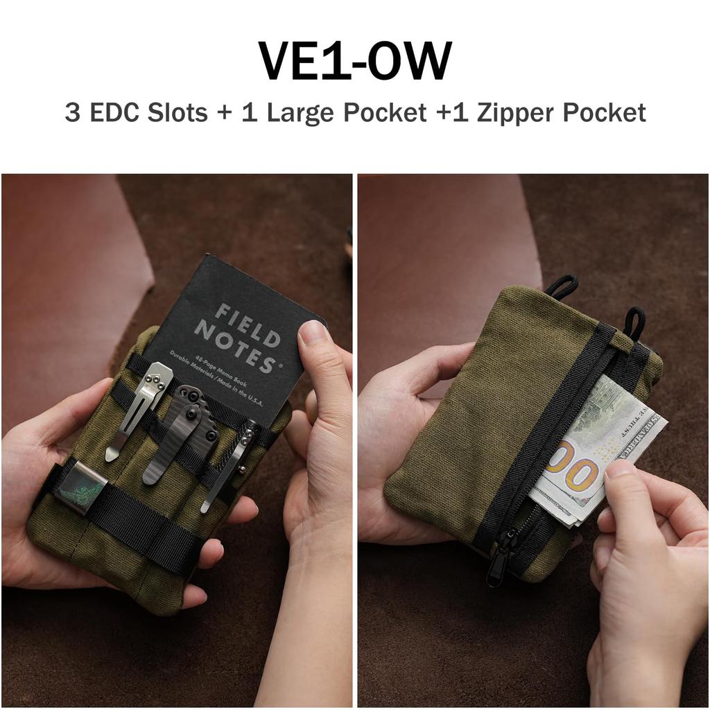 VIPERADE EDC Waxed Canvas Pocket EDC Pocket Organizer Pouch for 3 Tool Slots and 1 Zipper Perfect for EDC Gear VE1-OW Pouch, Organizer, Men, Pocket,