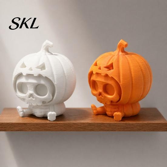 Small Limbs Pumpkin Figurine Skull Ornament, Hollow Ghost Face Design, 3D Printed Matte White Ornament Detailed Layered Halloween Figurine,