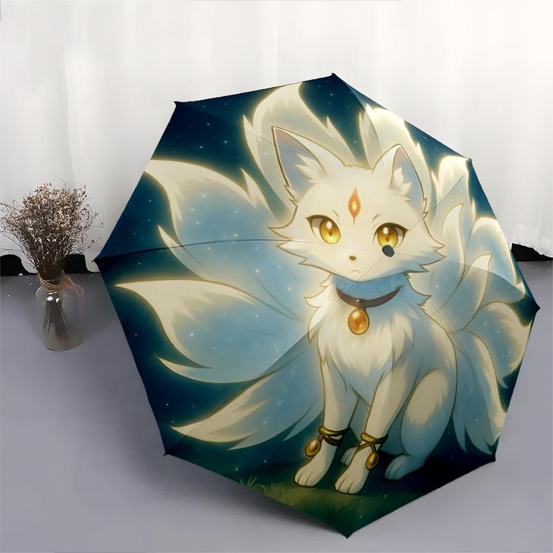 1pc Cute White Nine Tailed Fox Automatic Opening and Closing Folding - A Good Choice for Gifts, Fashionable and Convenient Umbrella With Cut
