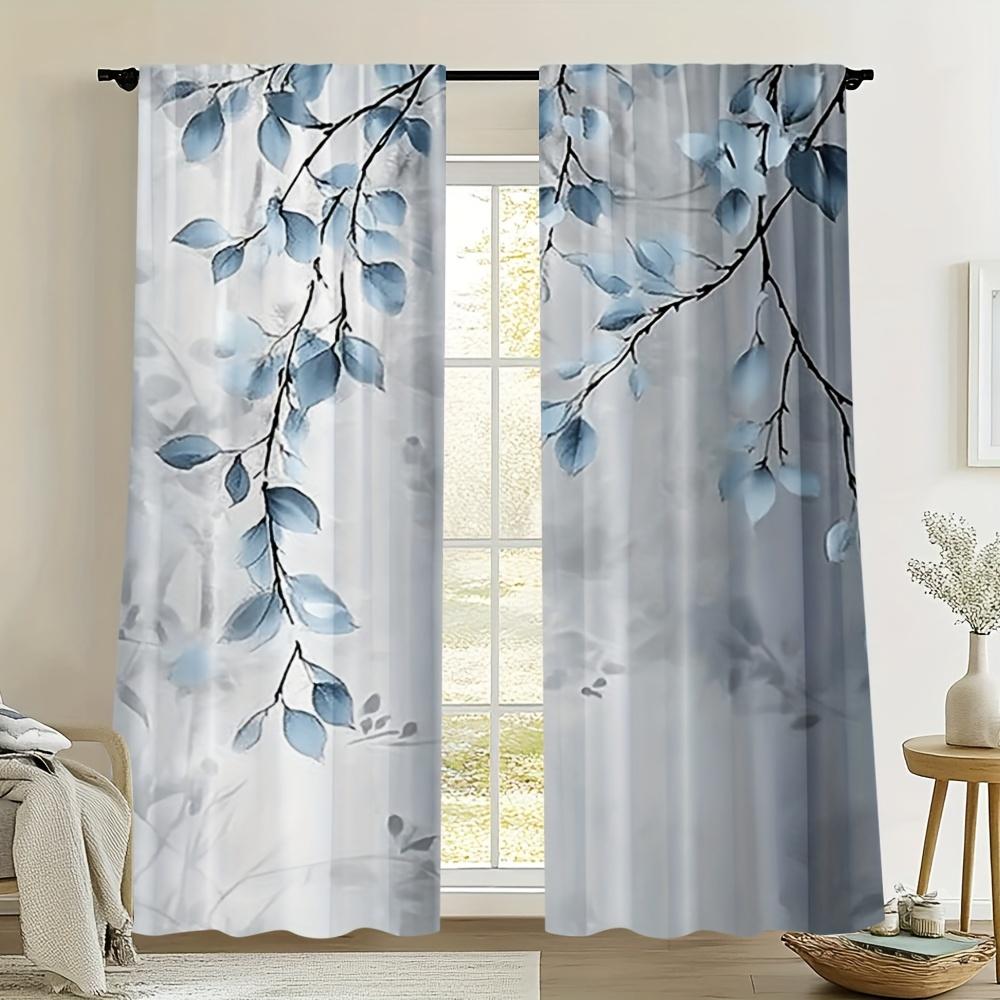 2pc Fresh Blue Leaf Print Curtains   Polyester Fabric   Machine Washable   Suitable for Bedroom and Living Room Decoration