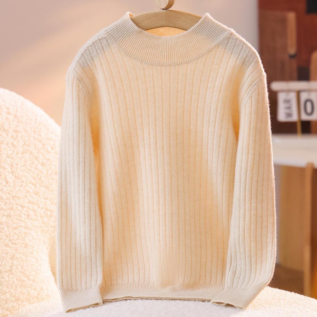 2025 A/W Kids' Ribbed Semi-High Neck Sweater - Warm Knitted Base for Boys & Girls