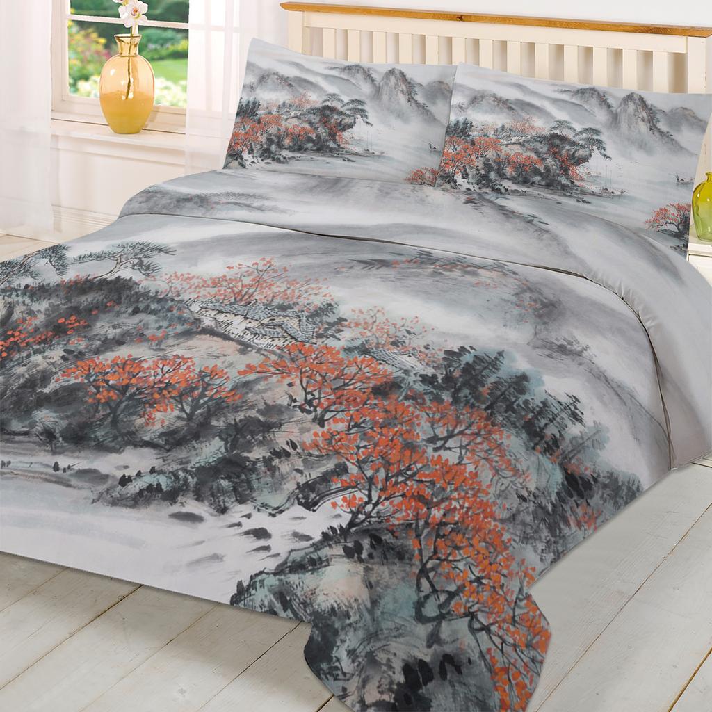 כיסוי שמיכה בסגנון סיני ציור דיו נוף עם ציפיות לכרית סט מצעים מותאם אישית 3 חלקים כיסוי שמיכה מיטה זוגית טקסטיל לבית