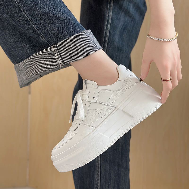 

Leather platform white shoes women s versatile light height increase white lace-up round head summer new casual board shoes 40