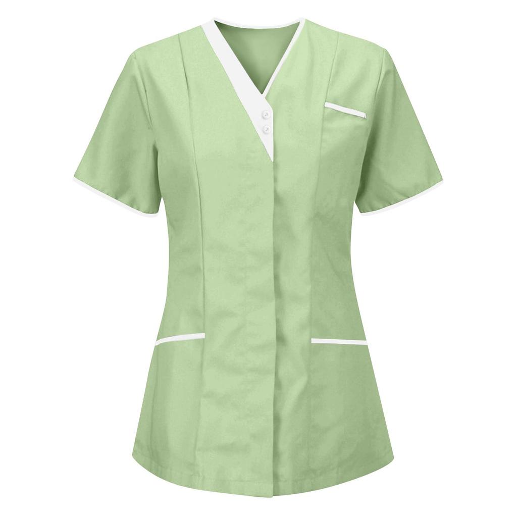 Tunic top da donna con scollo a V, maniche corte, bottoni sul davanti, tasche, finiture a contrasto, camicia uniforme da lavoro professionale