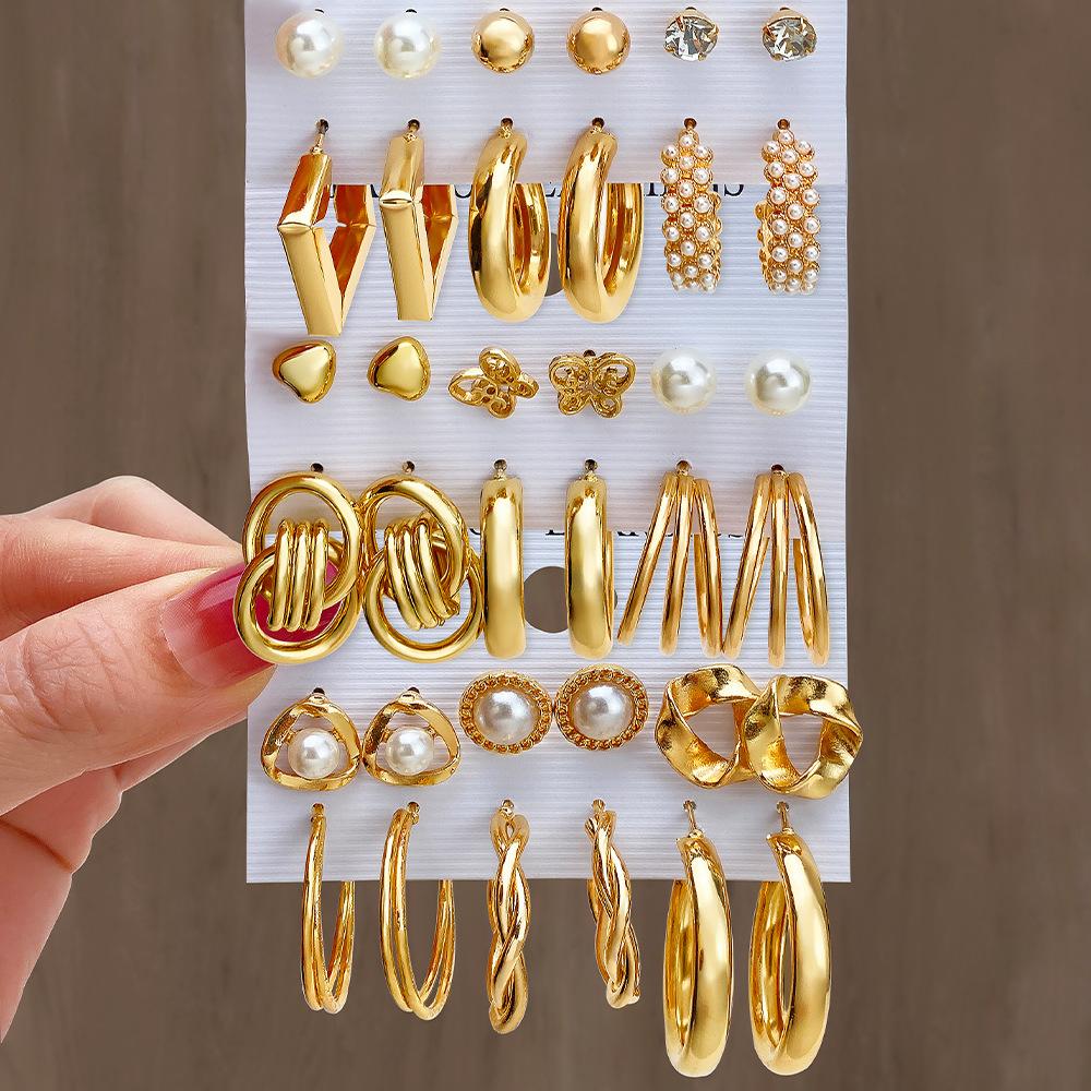 New Geometric Circle Pearl Women's Earrings, Pearl Butterfly Exaggerated Twist Earrings 6 Pairs