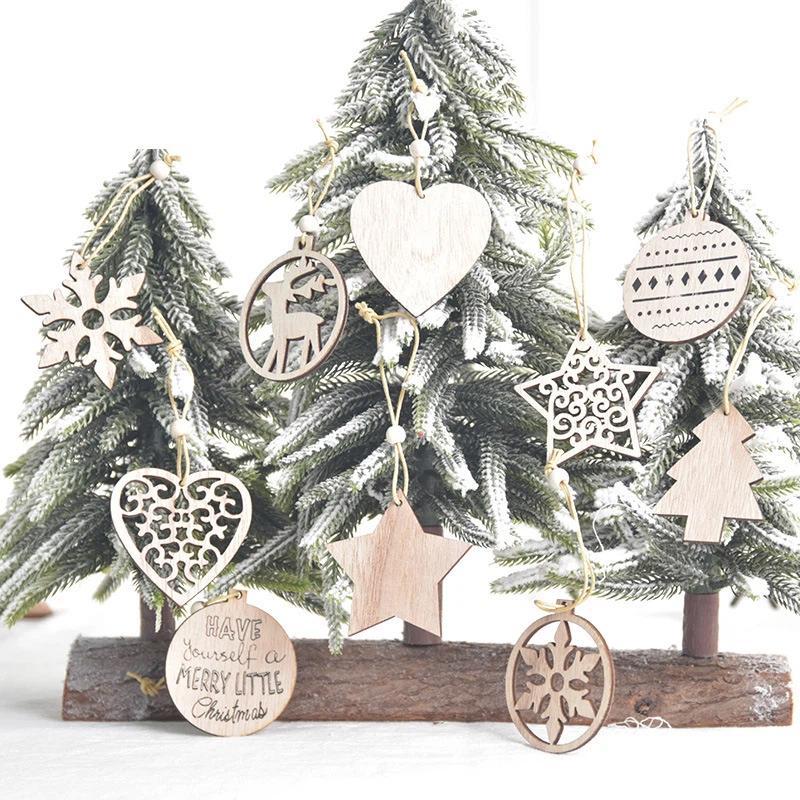 12 Stück Weihnachten Holz Hohl Hängende Dekoration Schneeflocke Rentier Pentagramm Hängende Dekoration Haus Feiertag Weihnachten Deko