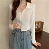 New Autumn Polo Collar Double Zipper Cardigan Long-sleeved T-shirt for Women's Design Short Cucumber Top