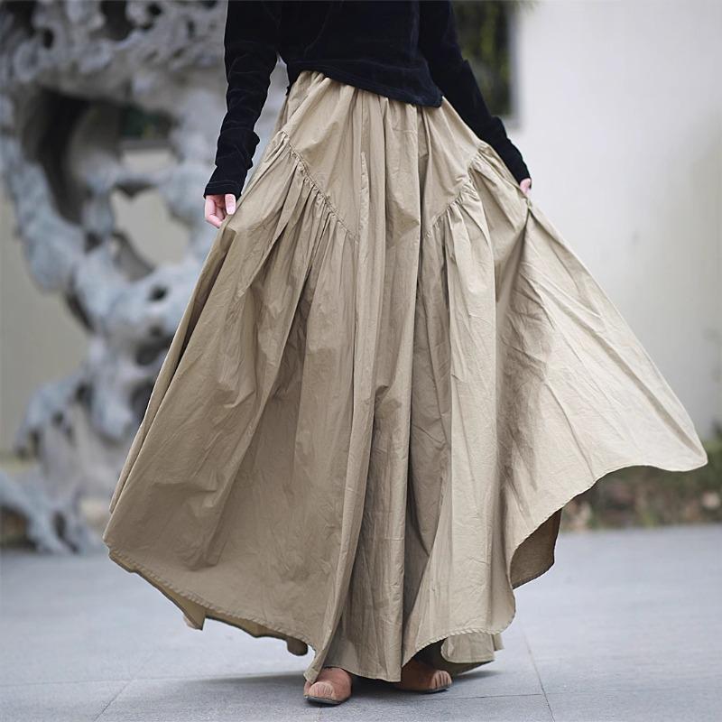 Washed cotton skirt solid color retro super pendulum high density cotton long skirt literary elastic waist long skirt