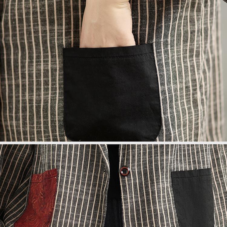 Γυναικείο Παλτό Ριγέ Μπουφάν Λινό Λεπτό Vintage Εξωτερικό Ρούχο Μακρυμάνικο Ανοιξιάτικο Φαρδύ Παλτό με Κουμπιά