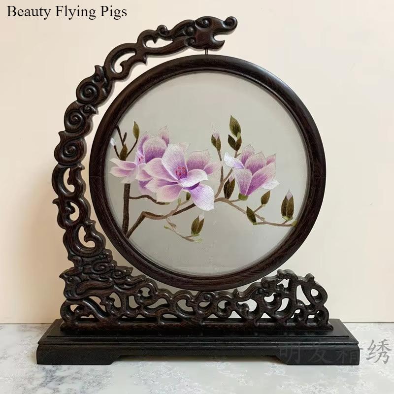 1pc, Su Embroidery Ornaments, Chinese Embroidery Crafts, Double Sided Embroidered Ornament, Solid Wood Desktop Decoration