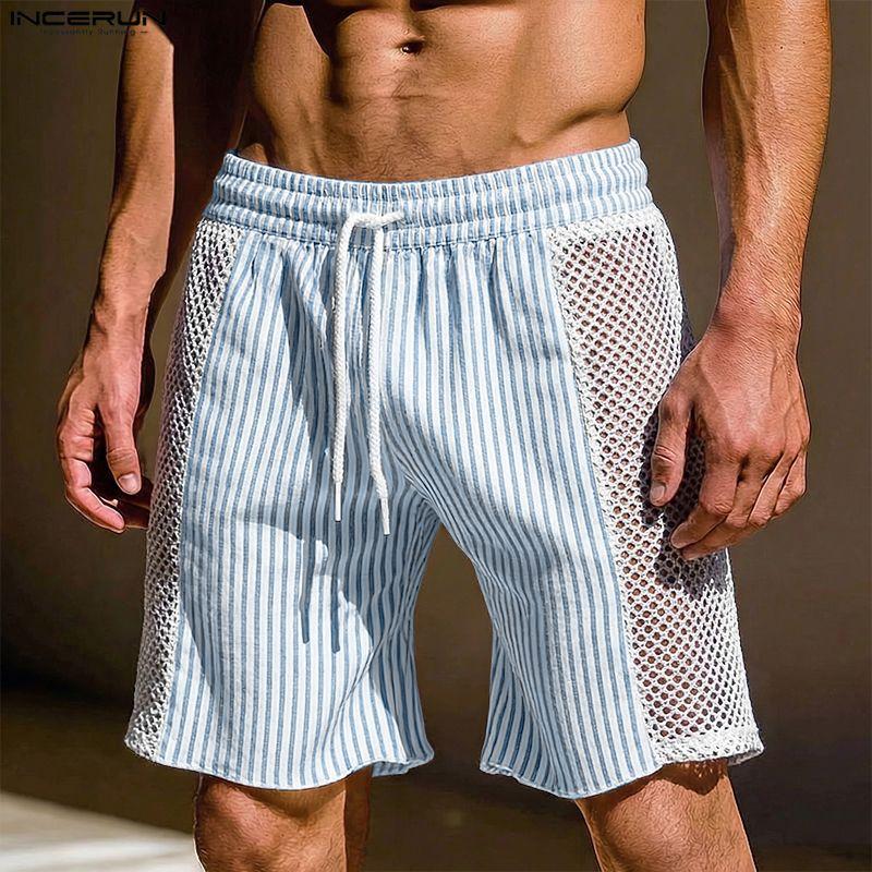 INCERUN Men Drawstring Elastic Waist Striped Hollow Beach Sports Shorts Pants