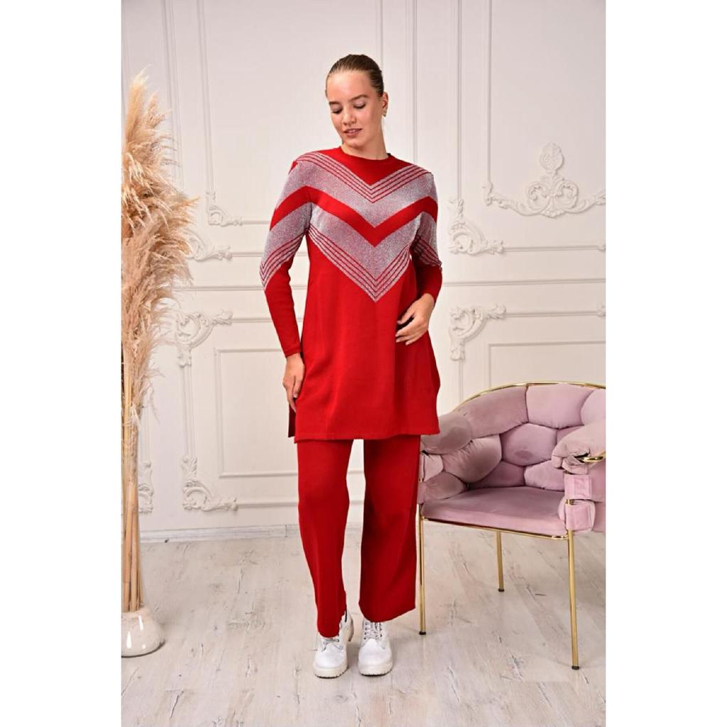 Damen-Tunika-Strickpullover mit langem Rundhalsausschnitt und selbstsilbrigem Muster