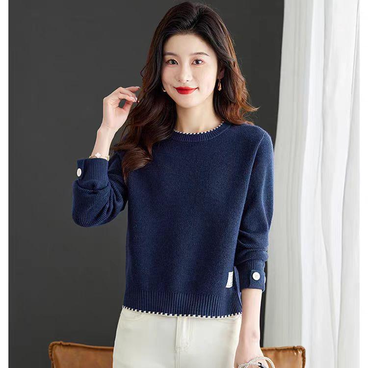 Sweater Women's Round-neck Casual Pullover Sweater Thickened Color-blocked Knitted Sweater Loose and Warm Inner Layer Top