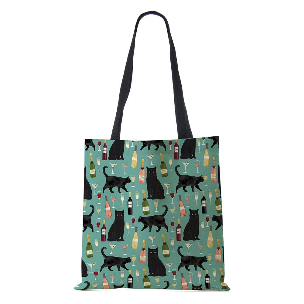 Women Handbag Linen Totes with Family Cat Print Casual Traveling Beach Gift Bags CLE