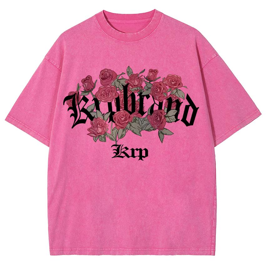 Romantisches Rosen-Buchstaben-Print Damen-T-Shirt Gewaschen Übergroß Locker Unisex Kurzärmlig Lässig Elegant Oberteil Sommer