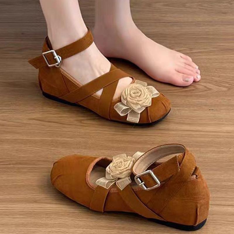 Fashion Elastic Cross Band Ballets Woman Belt Buckle Flats Shoes Lace Flower Mary Janes Ladies Flock Loafer Femme Bride Dance Ballerinas