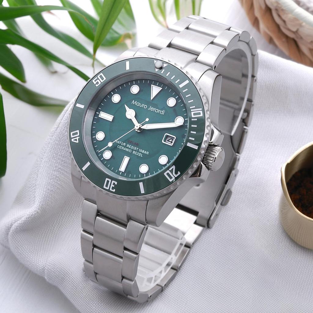 Mauro Geraldi Solar 10 ATM Water Stainless Rotating Ceramic Luminous Men's Watch, Resistant, Steel, Bezel, (MJ071-7)