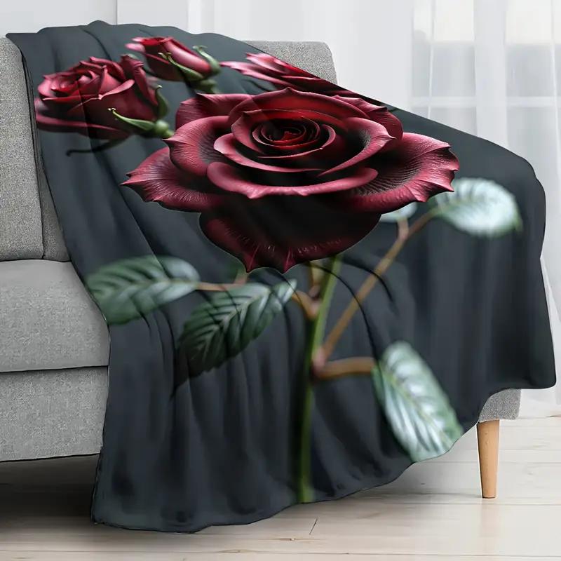 A Luxurious Rose Floral Pattern Flannel Blanket - Perfect for All Seasons, Great for Camping, Traveling, Bed, Christmas