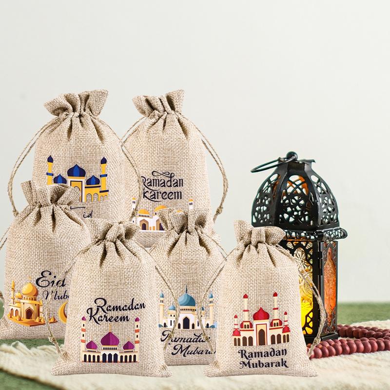 6pcs Eid Mubarak Burlap Gift Bags Candy Bags Ramadan Decor 2026 Islamic Muslim Party Supplies Ramadan Kareem Eid Al-fitr Gifts