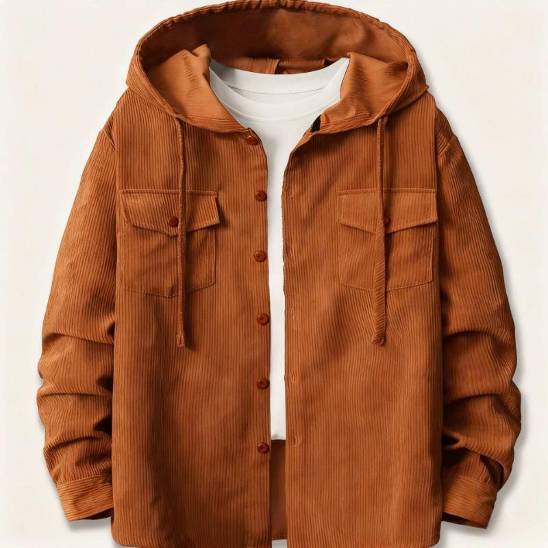 Men Loose Casual Long Sleeve Hooded Corduroy Workwear Shirt Jacket S коричневый