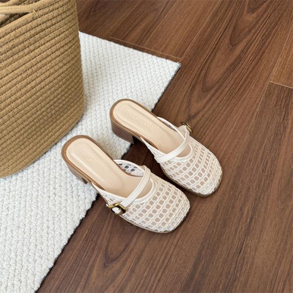Fashion Female Shoes Fretwork Heels Slippers Women Summer Cover Toe Slides 2025 Soft Casual Leisure Female Shoes Fretwork Heels Ladies'