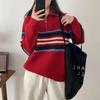 Autumn and winter new retro striped knitted jumper women's half zipper contrasting color loose casual college style sweater