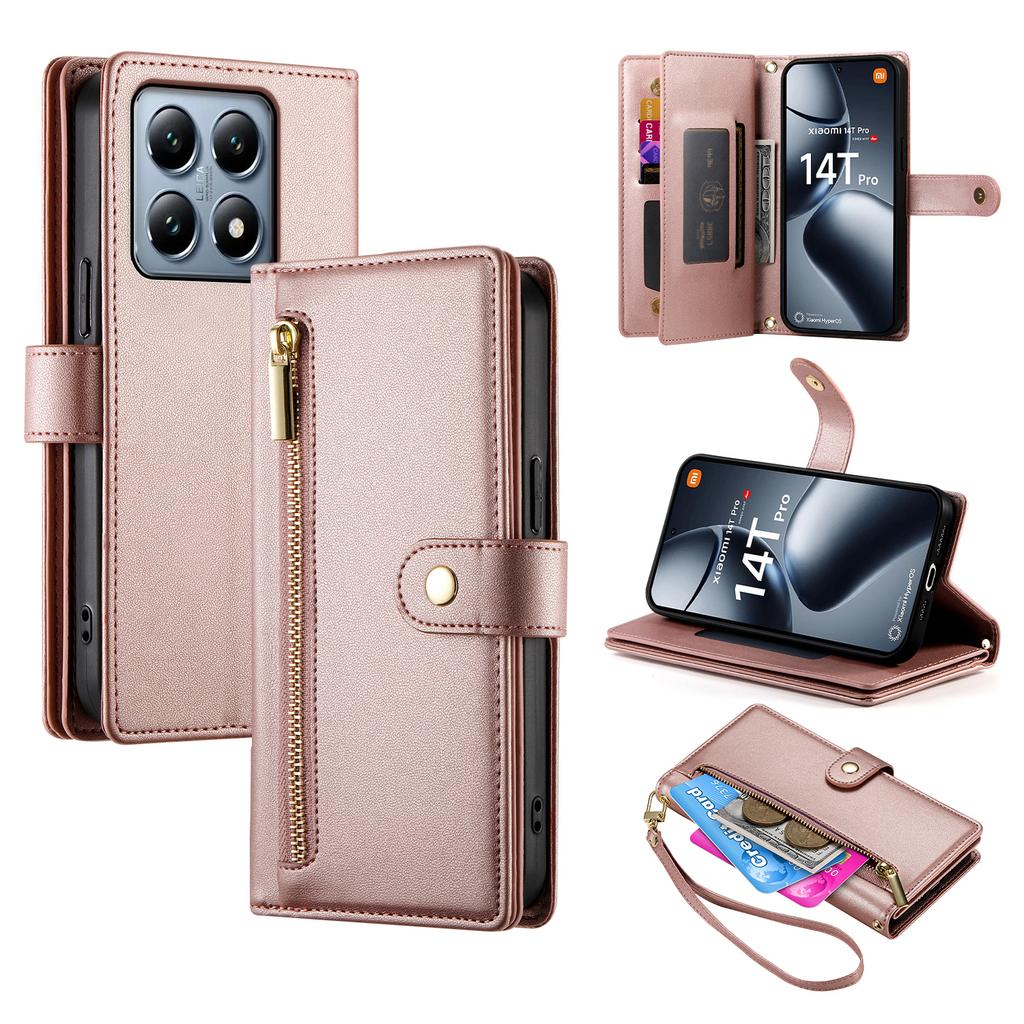 DF-011 For Xiaomi 14T Pro Case Zipper Pocket Wallet Leather Phone Cover with Straps